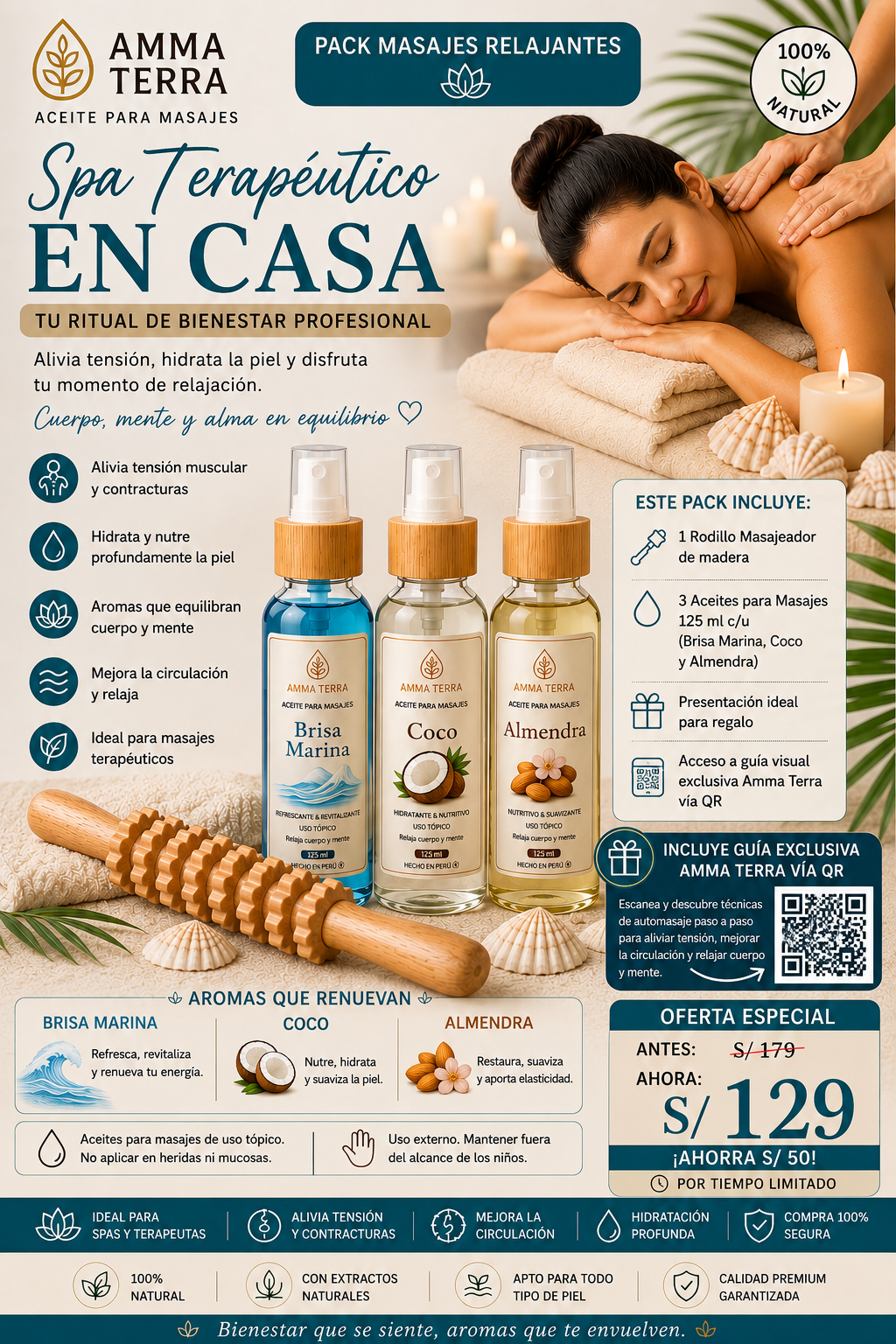 Pack Spa Terapéutico Amma Terra | Rodillo Masajeador + 3 Aceites